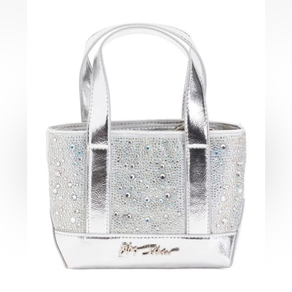 NEW BETSEY JOHNSON Leather Rise And Shine Silver Rhinestone Mini Tote